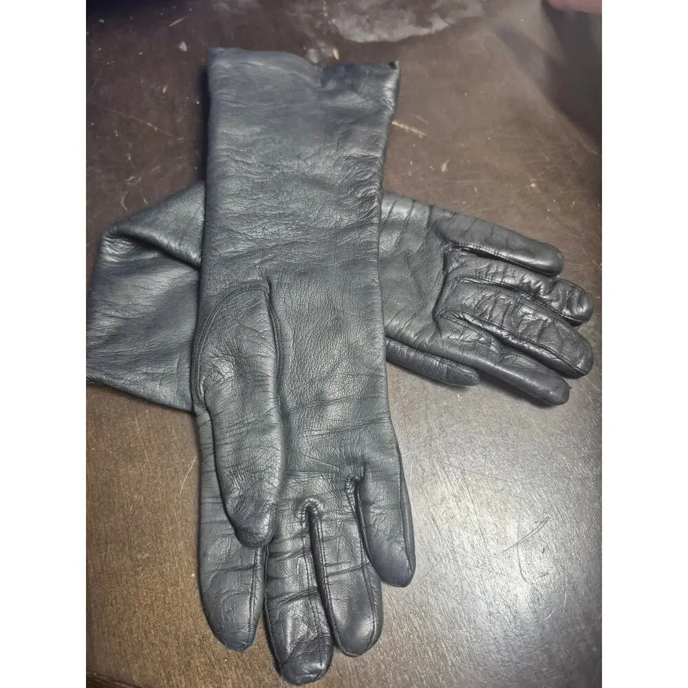 Vtg Macy Associates Black Leather Gloves Italian 100% Wool Lined Size 6.5 8292